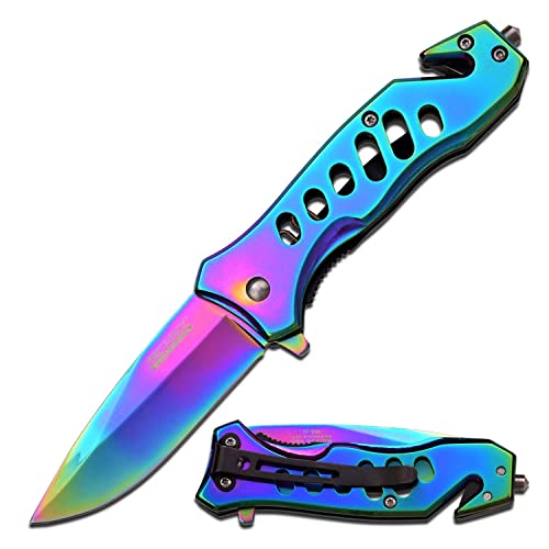 TAC Force Spring Assisted Folding Pocket Knife – Rainbow TiNite Coated Stainless Steel Blade and Handle, Glass Punch and Pocket Clip, Tactical, EDC, Rescue - TF-844
