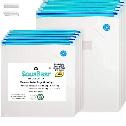 Vacuum Zipper Bags for Food - 20 Reusable Sous Vide Bags for Anova, Joule Cookers - 2 Sizes Sous Vide Bag Kit - 2 Sealing Clips for Food Storage and Sous Vide Cooking