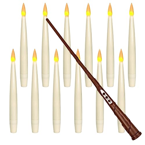 Leejec Floating Candles with Magic Wand Remote (6/18H Timer), Christmas Decorations, 12pcs 6.1” Hanging Flameless Taper Candles, Flickering Warm Light, Decor for Halloween, Wedding, Theme Party（ivory）