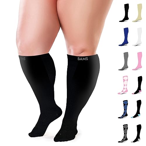 BAMS Plus Size Compression Socks Wide Calf for Women Men XXL XXXL - Graduated Bamboo Knee-High Support Reduce Swelling