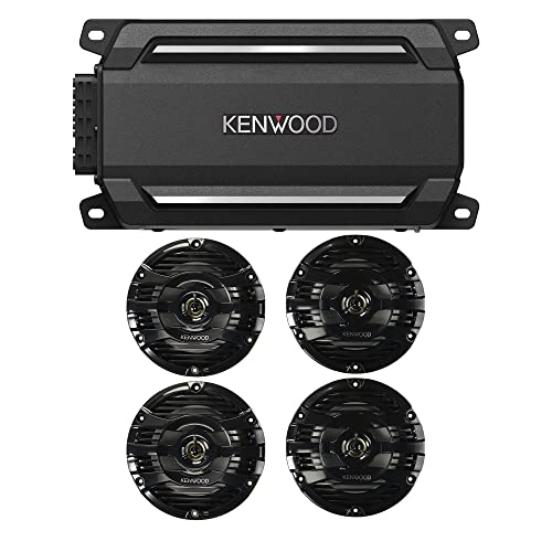 KENWOOD KAC-M5024BT Compact 4-Channel 600 Watt Car Amplifier w Bluetooth Streaming for Marine, ATV and Powersport Applications | Plus 2X Kenwood KFC-1653MRB 6.5' Black Marine 2 Way Speakers 150 Watts