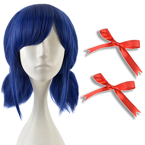 SiYi Cosplay Wigs for Girls Dark Blue Curly Short Wigs for Halloween Costume Wigs With Red Bow and wigs cap