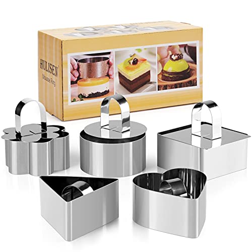 HULISEN Set of 5 Cake Ring Mold, Stainless Steel 3 inch Round Dessert Mousse Mold with Pusher & Lifter Cooking Rings, Tuna Tartare Mold (Include 5 Rings and 5 Pusher)