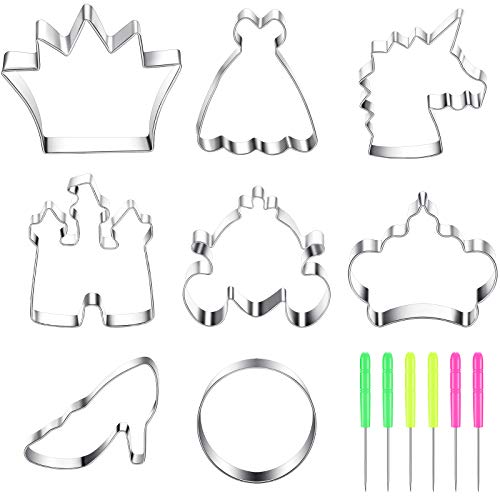 8 Pieces Princess Cookie Cutter Set with Crown, Dress, Castles, Unicorn Head Shapes Stainless Steel Fondant Biscuit Cutters and 6 Pieces Sugar Stirring Pins