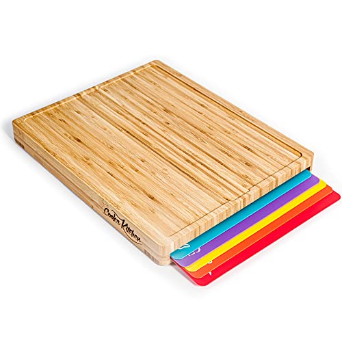 Cutting Board Set Easy-to-Clean Bamboo Wood Board with 6 Color-Coded Flexible Cutting Mats with Food Icons - Chopping Board Set