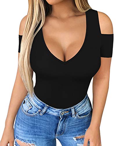 HERLOLLYCHIPS Women Tops Summer Deep V Neck Short Sleeve Cold Shoulder Slim Fit Casual Sexy Tees T-Shirts, Black Small