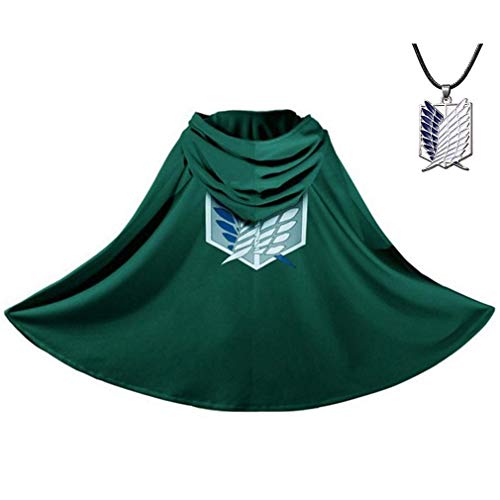 PashaLs 2PCS Anime Cloak - Green Hooded Wings Cape, Anime Cosplay Costume Cape with Necklace 29.9' length