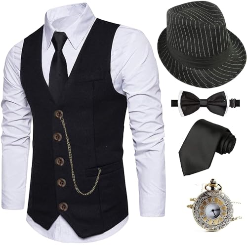 EFORLED 1920s Mens Costume Fedora Hat,Gatsby Gangster Vest,Vintage Pocket Watch,Pre Tied Bow Tie,Tie,TC-S