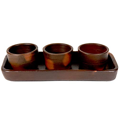 Ancient Cookware Pomaireware Clay Rectangular Tray with Round Condiment Bowls