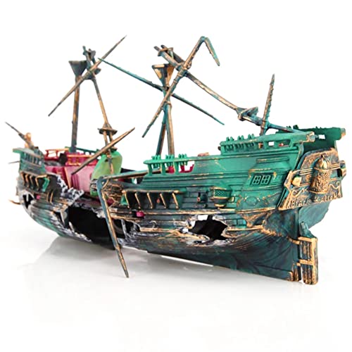 SLOCME Aquarium Shipwreck Decorations - Air Bubbler Sunken Ship Ornament, Fish Tank Air Action Aerating Decorations