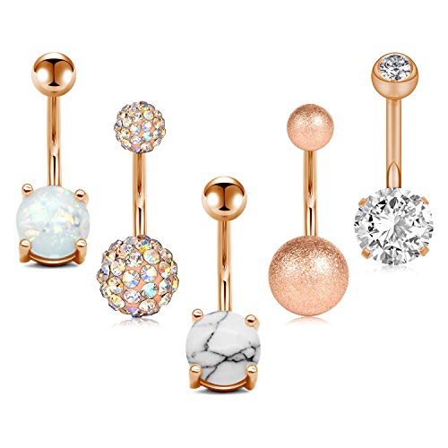 JFORYOU 5 Pcs Belly Button Rings Stainless Steel for Women Girls Navel Rings 5 Style 14G Navel piercing Rose Gold Color Body Piercing Jewelry