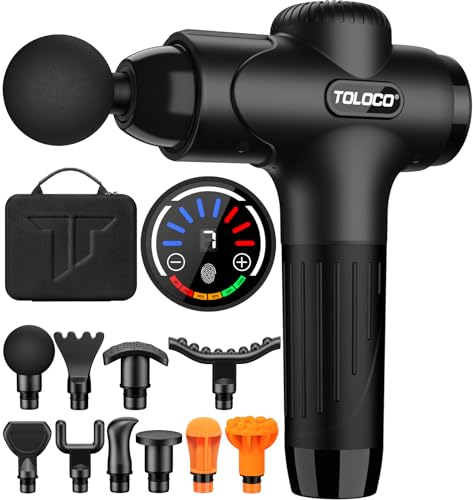 TOLOCO Massage Gun, Muscle Massage Gun Deep Tissue, Percussion Massage Gun with 10 Replacement Heads, Super Quiet Portable Electric Massager for Athletes, Treatment, Relax, Black