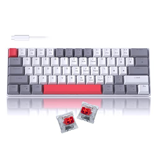 60% Mechanical Gaming Keyboard, Grey&White Gaming Keyboard with Hot Swappable Linear Red Switches, Wired Detachable Type-C Cable Mini Keyboard with Powder Blue Backlight for Windows/Mac/PC/Laptop
