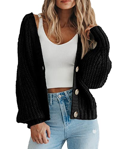 PRETTYGARDEN Women's Chunky Knit Open Front Sweater Long Sleeve Button Loose Short Cardigan Outerwear Coats (Black,Large)