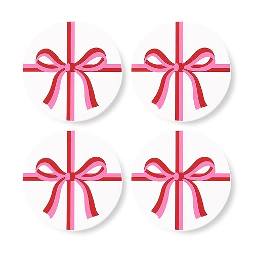 Kate Spade New York 4 Pack Table Coasters for Drinks, Vegan Leather Decorative Coasteres, Round Coasters for Tabletop Protection, Holiday Coasters Set of 4, Candy Bow