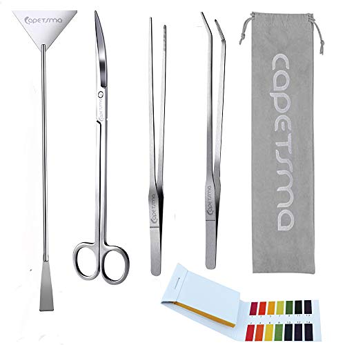 Capetsma Aquascape Long Stainless Steel Plant Tools Set - Aquarium Tweezers, Scissors, Spatula, Algae Scrapers - Fish Tank Cleaning Kit