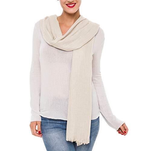 MIMOSITO Scarfs for Women Fashion Lightweight Solid Colors Wrap Shawl for Fall Winter (2 Fringed Edges, Off White)