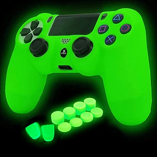 HLRAO Green Anti-Slip Glow in The Dark Protective Silicone Cover Skin Grips Compatiable with PS4/Slim/Pro 4 Controller,8 PCS Thumb Grips Caps and 2 Grips Caps Glow in The Dark.