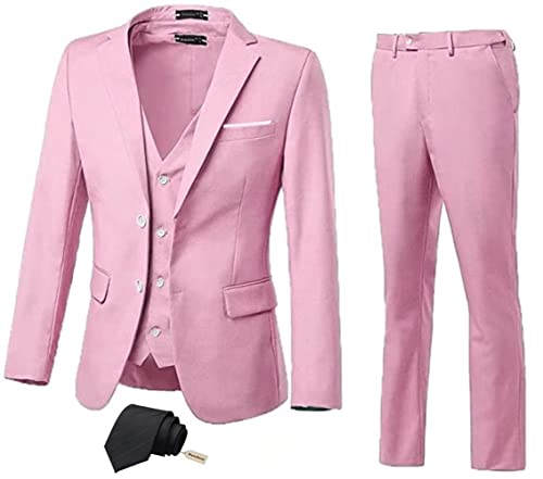 High-End Suits Pink Prom Suits for Men, Blazer Vest & Trousers Homecoming Suits for Teens 3 Pieces Men Suits with Tie-L/4236