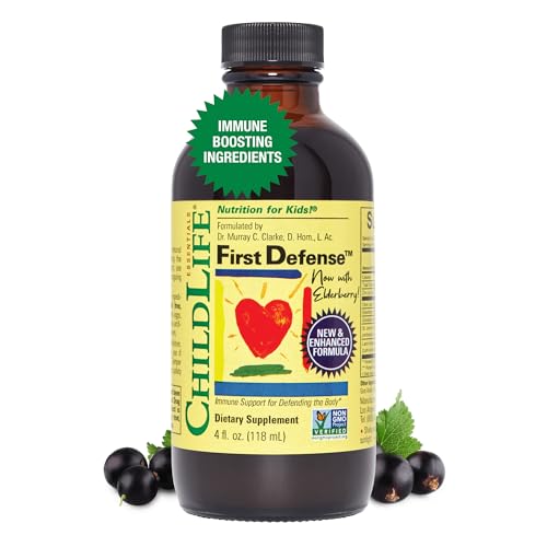 CHILDLIFE ESSENTIALS First Defense - Elderberry for Kids, Immune Support for Kids, Zinc for Kids, All-Natural, Gluten-Free, Non-GMO, Allergen-Free - Naturally Flavored, 4 Fl Oz Bottle