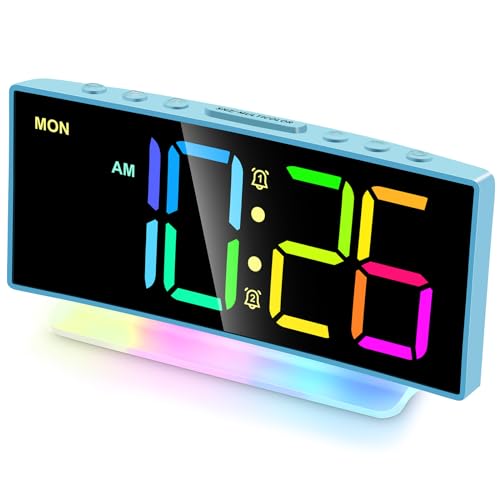 Loud Alarm Clock for Heavy Sleepers Adults,Kids,Teens- Digital Desk Clock with USB Port,Large Big Numbers,7 Color Night Light,Modern Electronic Plug in Simple Clock for Bedroom(Blue+Dynamic)