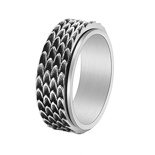 Nanafast Dragon Scale Anxiety Ring for Men Cool Stainless Steel Snake Dragon Scales Spinner Rings Fidget Ring Mens Ring Gift-Silver-9