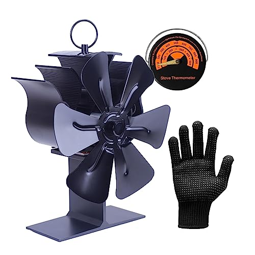 Baihua Wood Stove Fan Heat Powered, 6-Blade Non Electric Eco Fireplace Fan for Wood/Gas/Pellet/Log Burner Top with Magnetic Thermometer