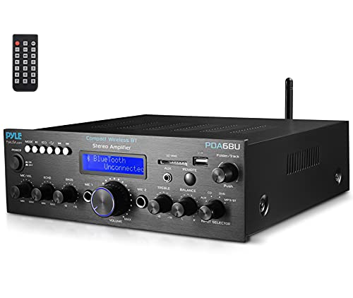 Pyle Wireless Bluetooth Power Amplifier System - 200W Dual Channel Sound Audio Stereo Receiver w/USB, SD, AUX, MIC w/Echo, Radio, LCD - Home Theater Entertainment via RCA, Studio Use - PDA6BU.6, Black