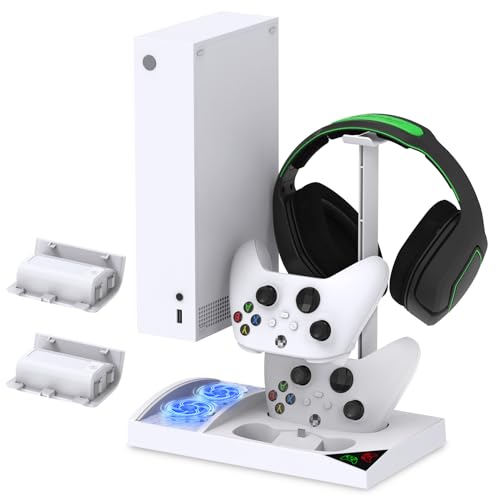 YUANHOT Cooling Fan Stand Compatible with Xbox Series S with 1400mAh Rechargeable Battery Pack, Vertical Charging Station Dock Accessories with Controller Charger Port & Cooler System for XSS - White