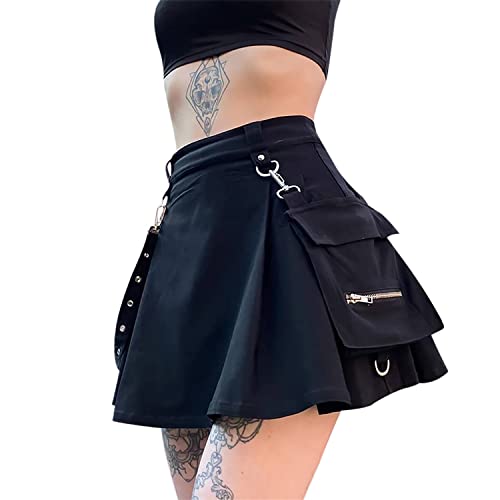 Ruolai Goth Black Pleated Mini Skirt with Chain High Waisted Tennis Skirt Black M