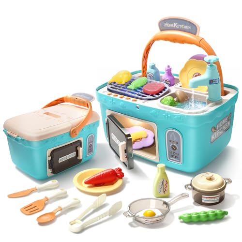 CUTE STONE Kids Picnic & Kitchen Playset,Portable Pinic Basket with Musics & Lights, Color Changing Play Foods, Sink,Pretend Play Oven and Other Accessories Toys for Boys and Girls