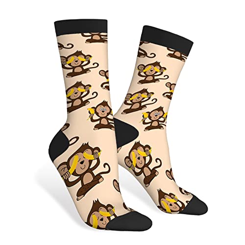 AOYEGO Cartoon Monkey Funny Socks Cute Animal Wildlife Monkeys and Banana Novelty Casual Crew Socks Contrast Color Design for Women Men Gift