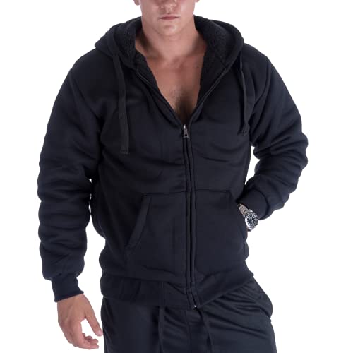 Gary Com Sherpa Fleece Hoodies for Men Heavyweight Full Zip Up Long Sleeve Solid Zipper Sweatshirts Lined Jackets Black Size L