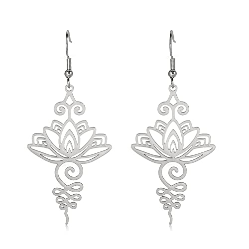 TEAMER Stainless Steel Lotus Flower Dangle Earrings Bohemian Drop Earring Unique Geometric Jewelry for Women (Lotus 2-Steel Color)