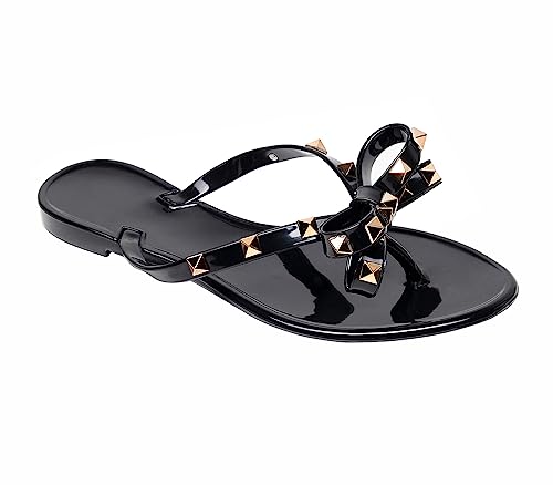 Womens Jelly Shoes Studded Sandals Flat Thong Flip Flops with Bow Black Size 8 Style Slip On Open Toe Summer Beach Rivets Strappy
