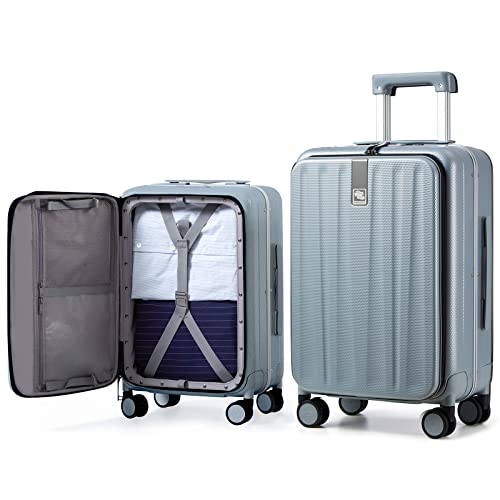 Hanke Luggage Hardside Suitcase with Wheels & Front Opening, 24in Large Checked in Luggage Aluminum Frame PC Rolling Suitcases Travel Bag TSA Lock - Grey