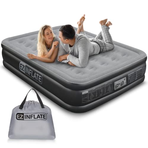 EZ INFLATE Air Mattress with Built in Pump - Full Size Double-High Inflatable Mattress with Flocked Top - Easy Inflate, Waterproof, Portable Blow Up Bed for Camping & Travel