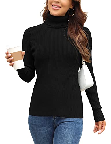 Rocorose Women's Ribbed Turtleneck Sweater Cable Knit Long Sleeve Top Jumper Black L