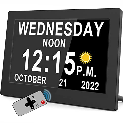 Véfaîî Newest,Dementia Clock with Auto DST & 15 Alarms, Day Clock with Sun/Moon Icons for Memory Loss, Alzheimer's, 7 Inch Black with Remote