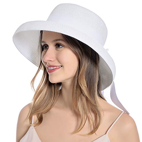 Muryobao Womens Sun Straw Hat Summer UV Protection Travel Foldable Wide Brim Bucket Hat Vintage Cloche Beach Fishing Cap UPF 50+ White