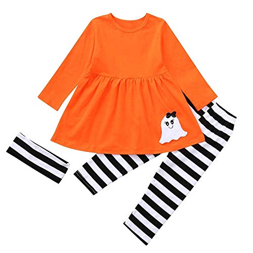 Toddler Kids Girls Halloween Thanksgiving Day Clothes Infant Letter Ghost Dresses Top Dress+Pants+Headband Outfits 3Pcs(Orange, 2-3T)?