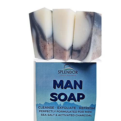 Splendor Soap for Men - Coconut Oil Bath & Body Bar Soap. Cleanse, Exfoliate, Refresh. Handmade, Vegan, Moisturizing, Activated Charcoal, Pumice and Alkanet Root