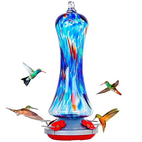 Hummingbird Feeder for Outdoors Hanging, Hand Blown Glass Hummingbird Gift with Perch, Leak Proof, Never Fade, 4 Feeding Ports, 20 fl.oz, Include Hook, Ant Moat, Rope, Brush, Gift for Garden