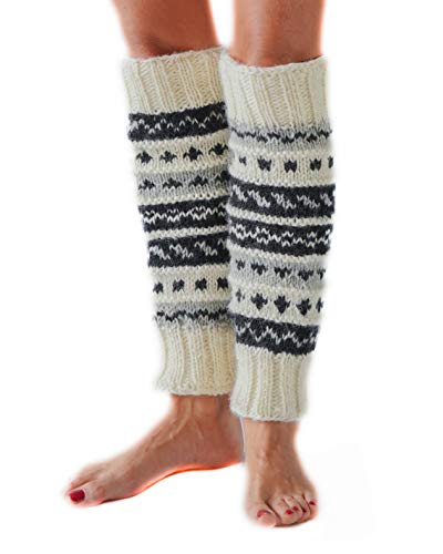 Tibetan Socks White/Black Hand Knit Wool Fleece Lined Leg Warmers Boot Toppers