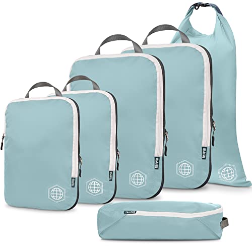 Compression Packing Cubes for Travel - Luggage and Backpack Organizer Packaging Cubes for Clothes (Dusty Teal and White, 6Piece)