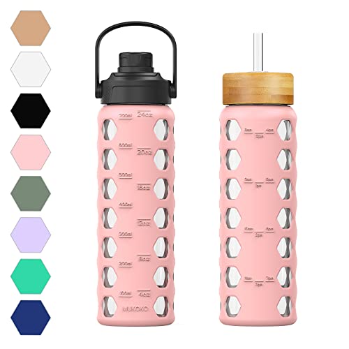 MUKOKO 24oz Glass Water Bottle with 2 Lids-Handle Flip Lid&Bamboo Straw Lid,Motivational Water Tumbler with Time Marker Reminder and Silicone Sleeve, Leakproof-Pink