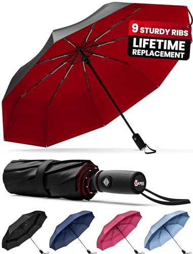 Repel Umbrella Windproof Travel Umbrella - Compact, Durable, Auto Open Close, Strong Fiberglass Frame, Waterproof Canopy, Small Portable Umbrellas for Rain, Backpack, Purse - Travel Umbrella (Black & Red)