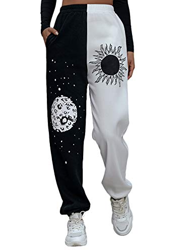 SOLY HUX Women's Graphic Letter Print Elastic Waist Sweatpants Color Block Cozy Running Joggers Pants Black White Sun S