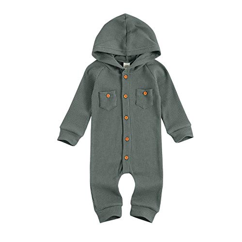 Ynibbim Winter Newborn Baby Boy Girl Solid Romper Unisex Infants Hooded Outfit Clothes Waffle Cotton Button Jumpsuits (Grey, 3-6 Months)