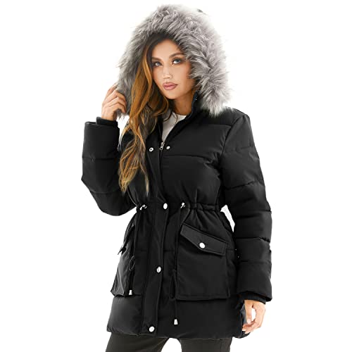 FARVALUE Women's Winter Coat Down Long Parka Winter Jacket Thicken Puffer Coat Warm Jacket with Removable Fur Hood Black XXL